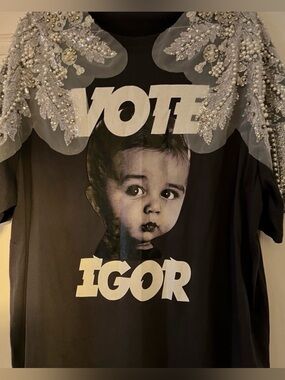 Unconditional Black Graphic Tee with Silver Beaded Shoulder Accents